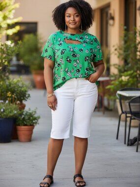 Adrienne Vittadini Women Green Floral Print Short Sleeve‎ Cutout Top Size XL